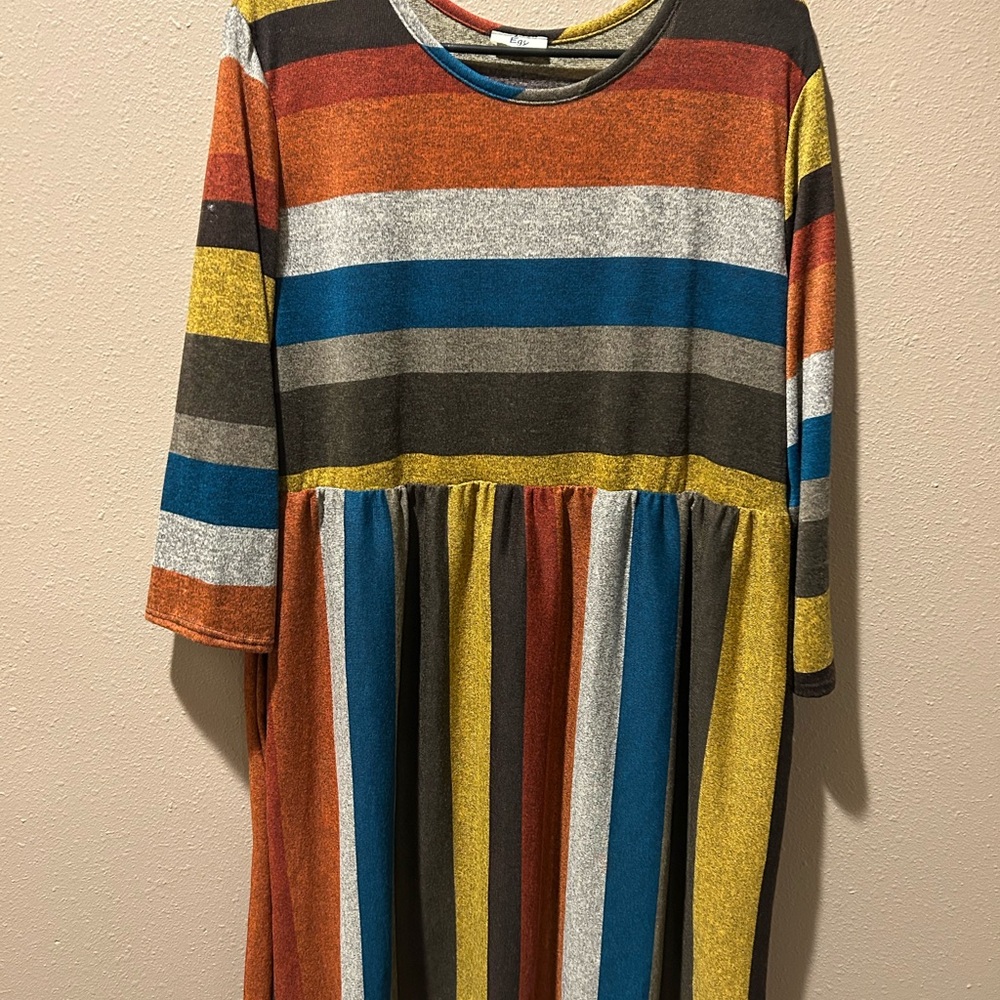 Multicolor Stripe Knit Tunic/Dress - Teal, Mustard &‎ Rust